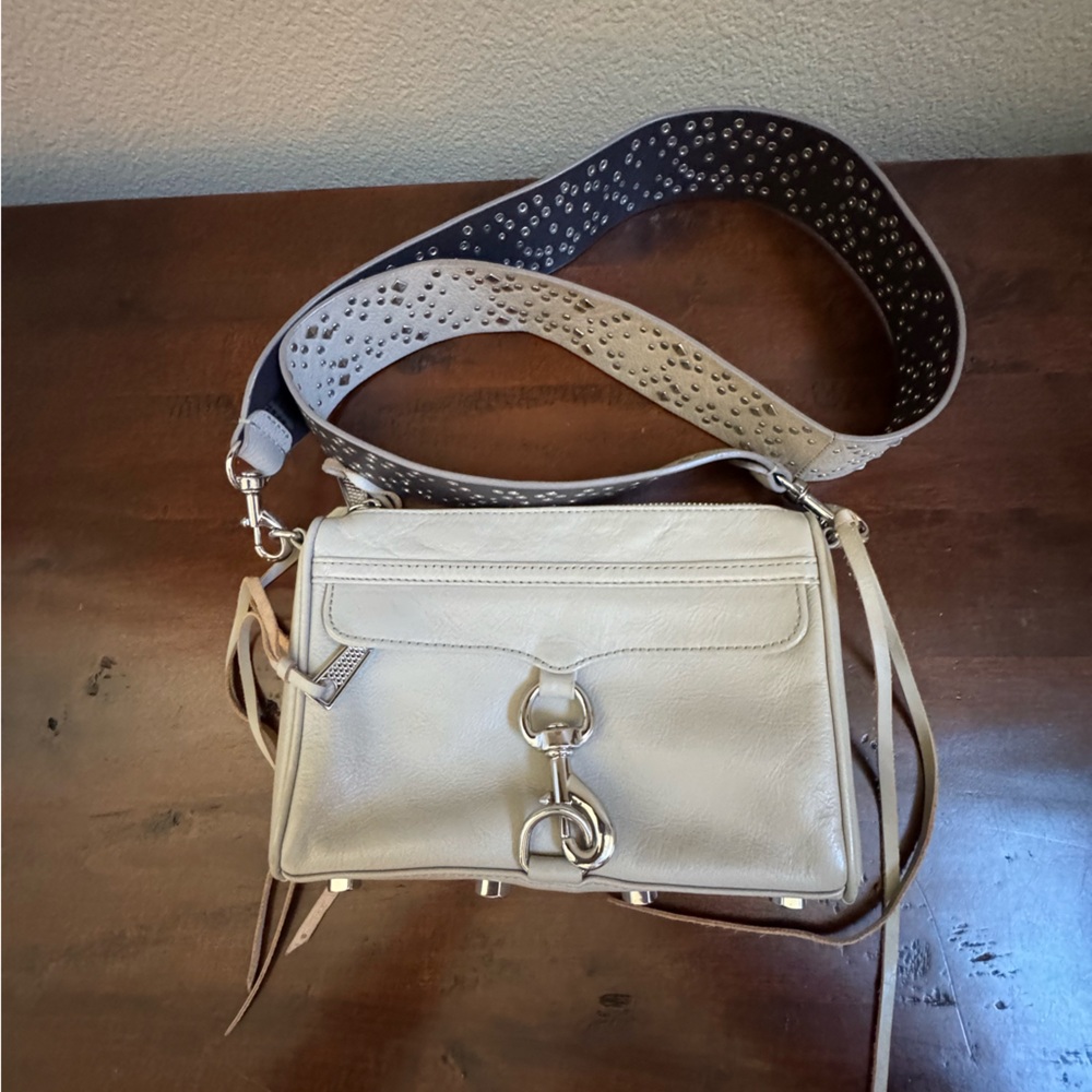 Rebecca Minkoff Mini Mac Crossbody Studded Strap and Tassels Cream Purse